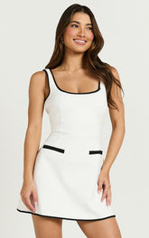 Pauline Mini Dress - Contrast Square Neck Fit and Flare Dress in Ivory